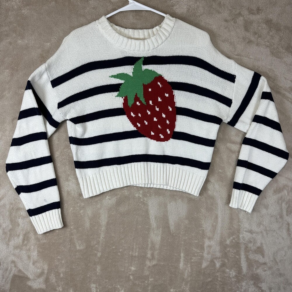 Freshman 1996 Sweater Juniors Small White Striped Strawberry Cropped Pullover